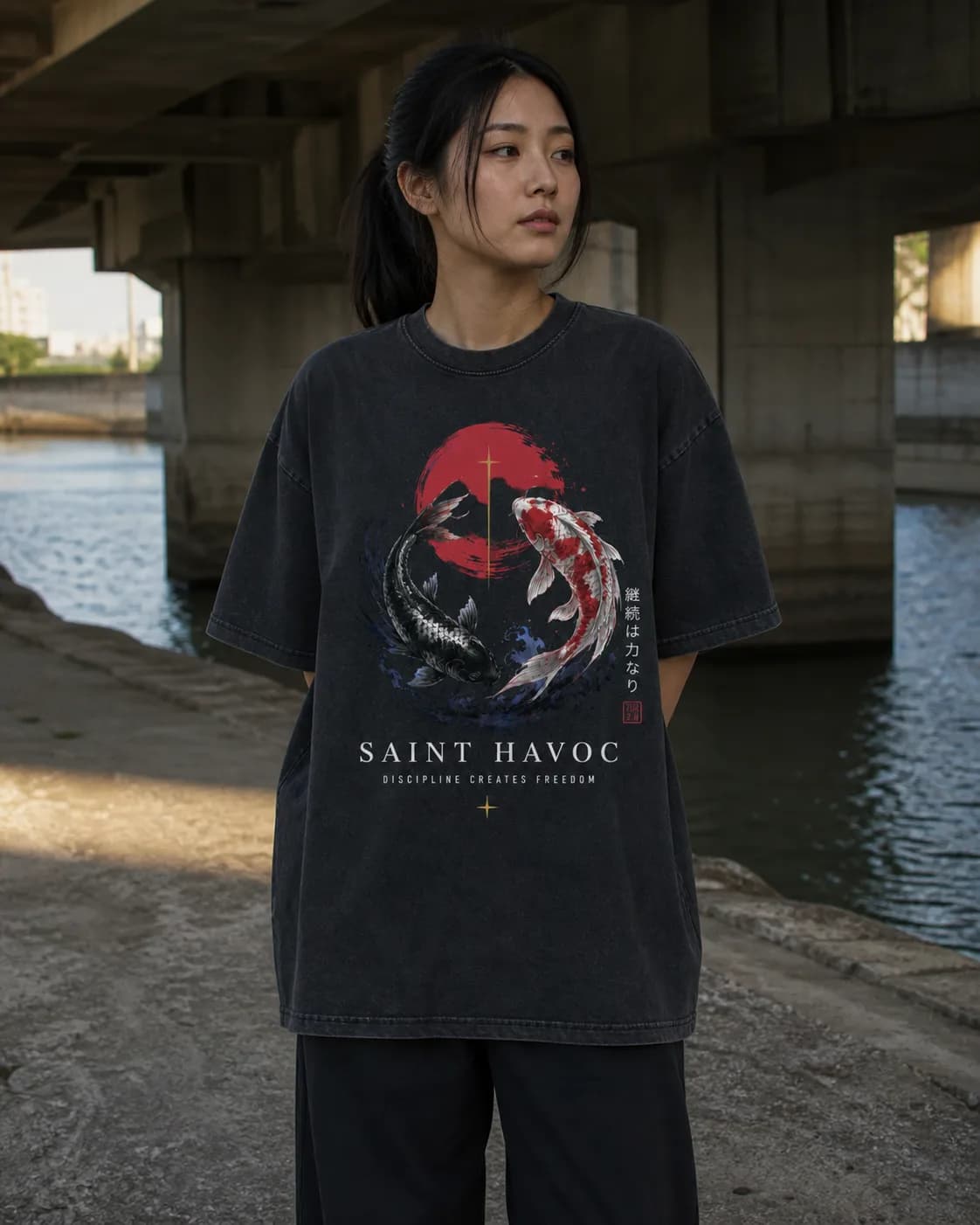 Model wearing a Japanese-inspired Saint Havoc graphic tee
