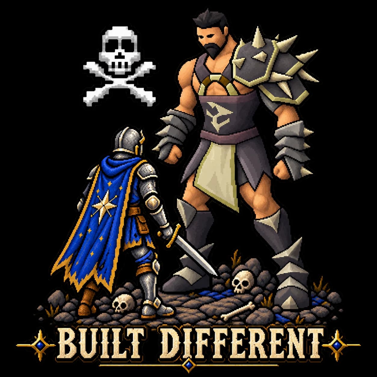 Pixel art adventurer confronting a giant warrior with Built Different lettering