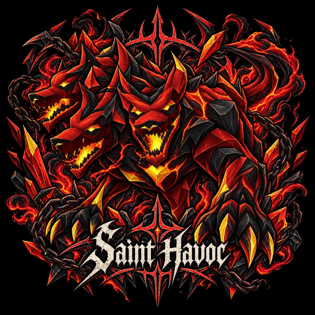 Three-headed infernal Cerebus artwork shown on a washed-black Saint Havoc RuneScape tee