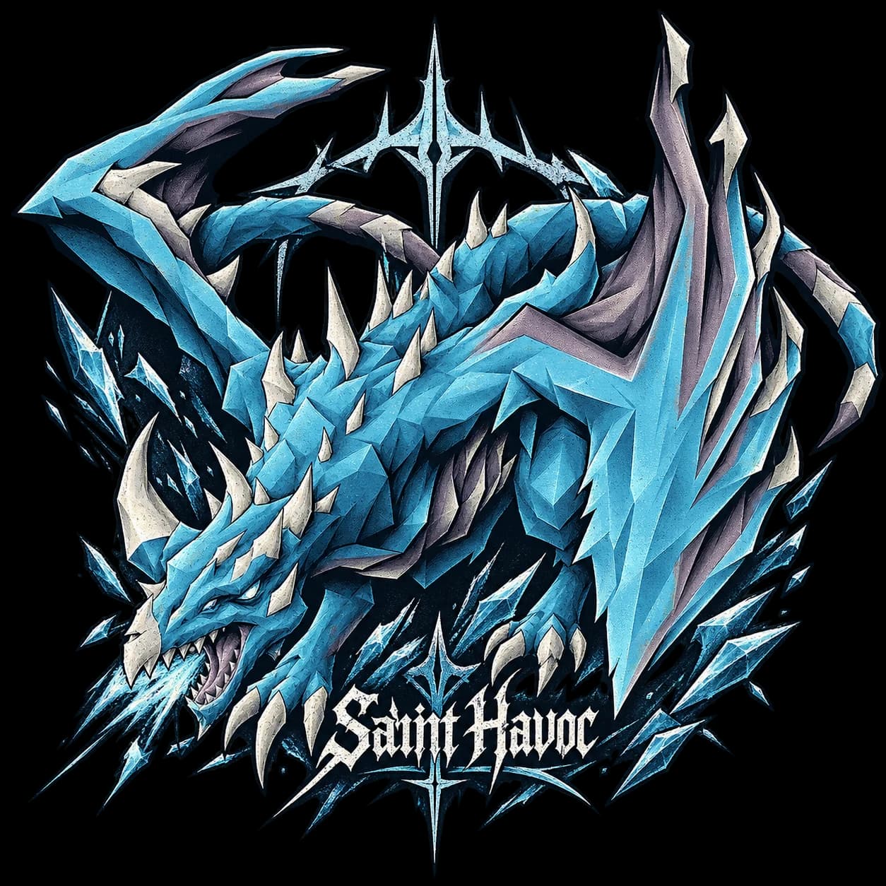 Icy blue dragon artwork for the Saint Havoc RuneScape tee