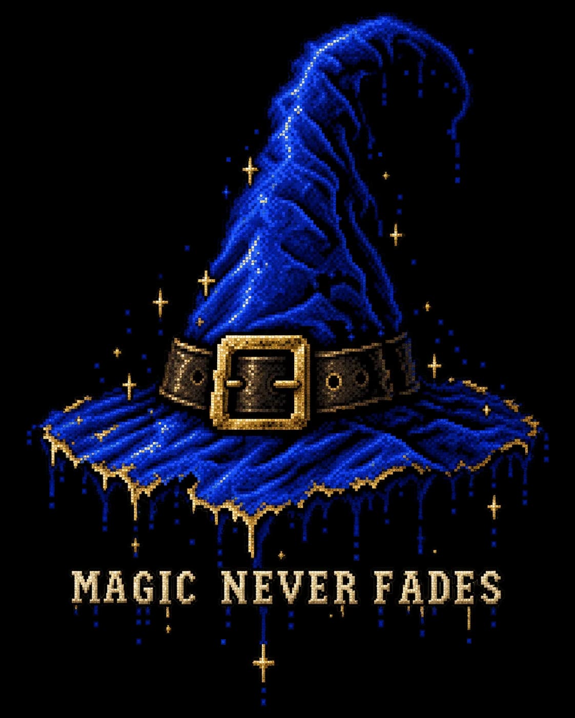 Blue pixel wizard hat artwork with The Magic Never Fades lettering