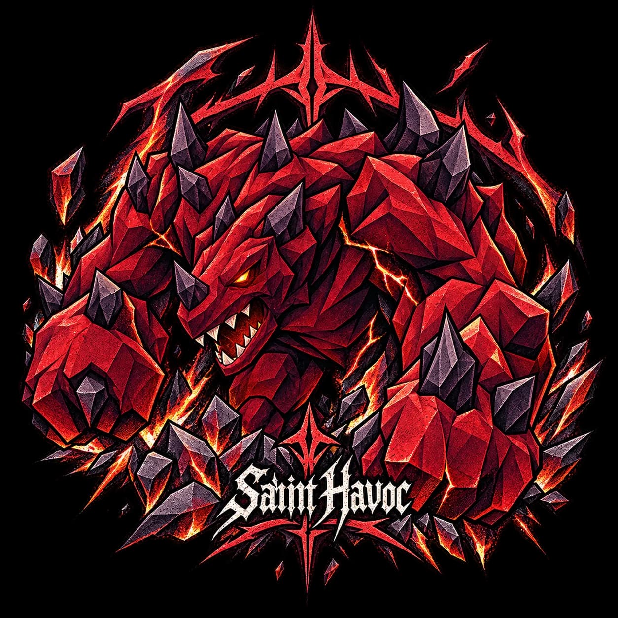 Red obsidian stone monster artwork for the Saint Havoc RuneScape tee
