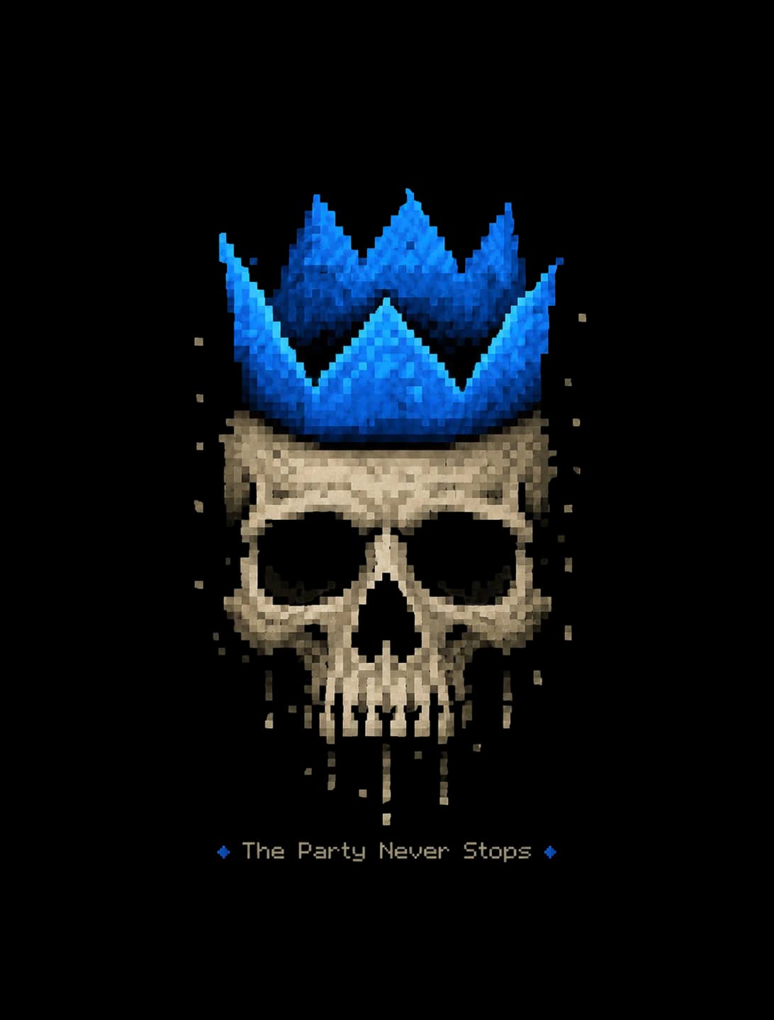 Pixel skull wearing a blue party hat with The Party Never Stops lettering