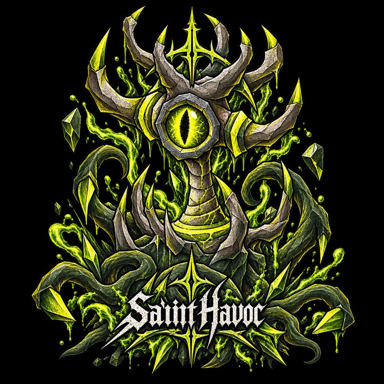 Toxic green single-eye smoke devil artwork for the Saint Havoc RuneScape tee