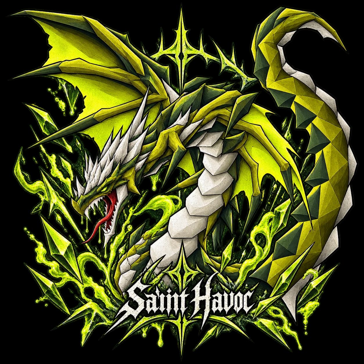 Acid green dragon artwork for the Saint Havoc RuneScape tee