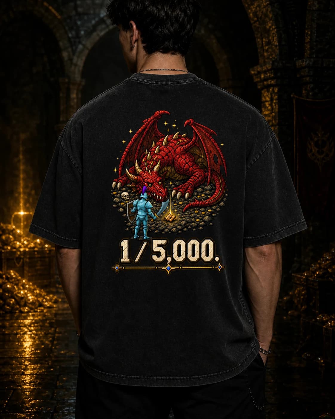 Model wearing the 1 / 5000 RuneScape back-print tee