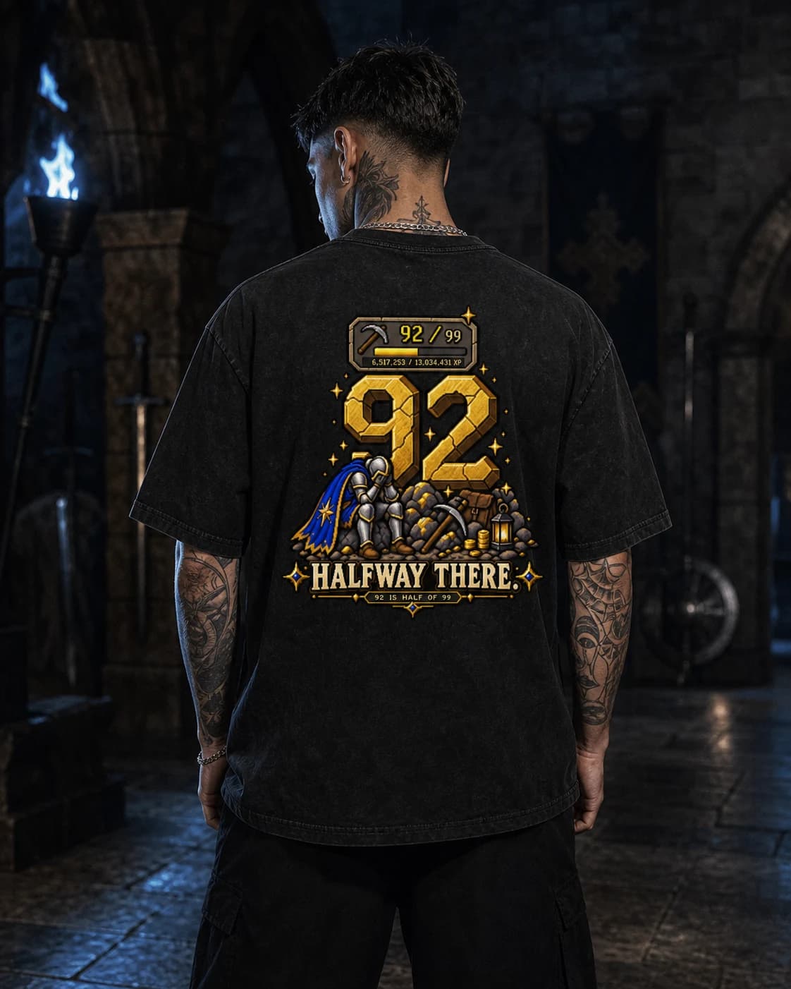 Model wearing the 92 Is Half of 99 RuneScape back-print tee