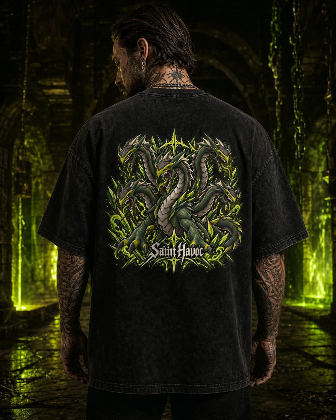Model wearing the Alchemical Hydra RuneScape back-print tee