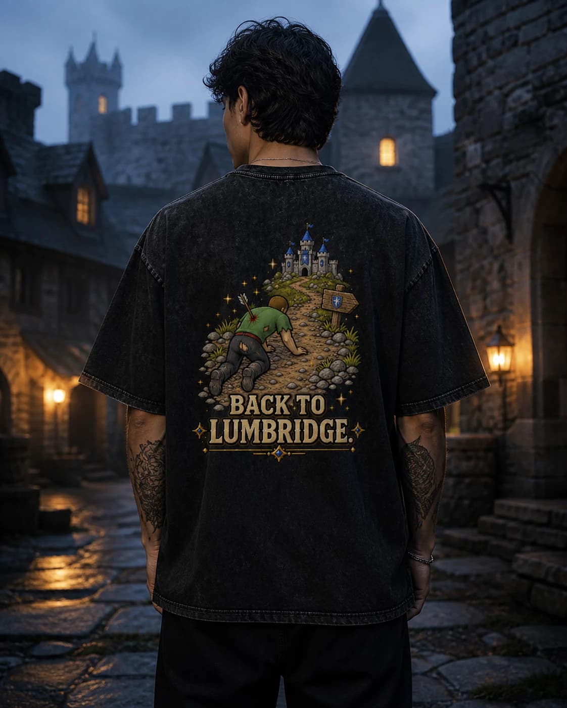 Model wearing the Back to Lumbridge RuneScape back-print tee