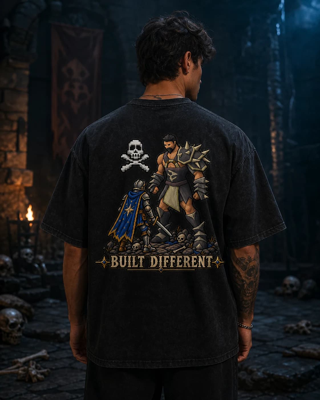 Model wearing the Built Different RuneScape back-print tee