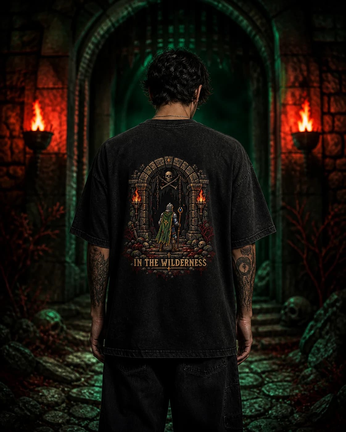 Model wearing the In the Wilderness RuneScape back-print tee