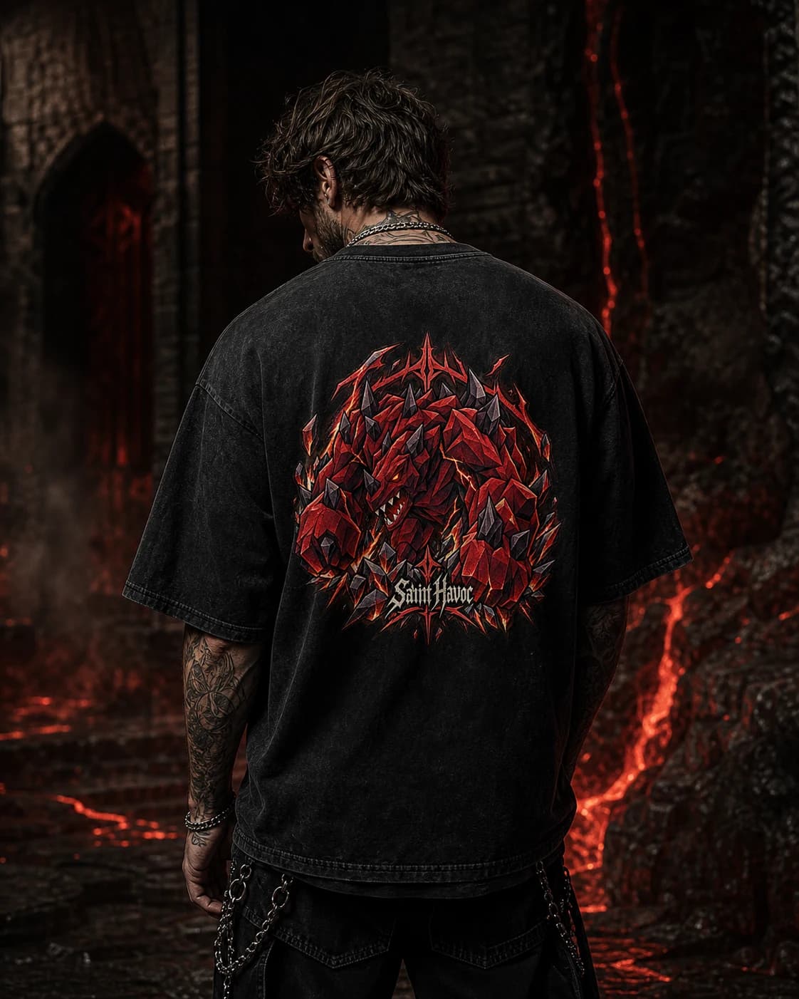 Model wearing the Jad RuneScape back-print tee