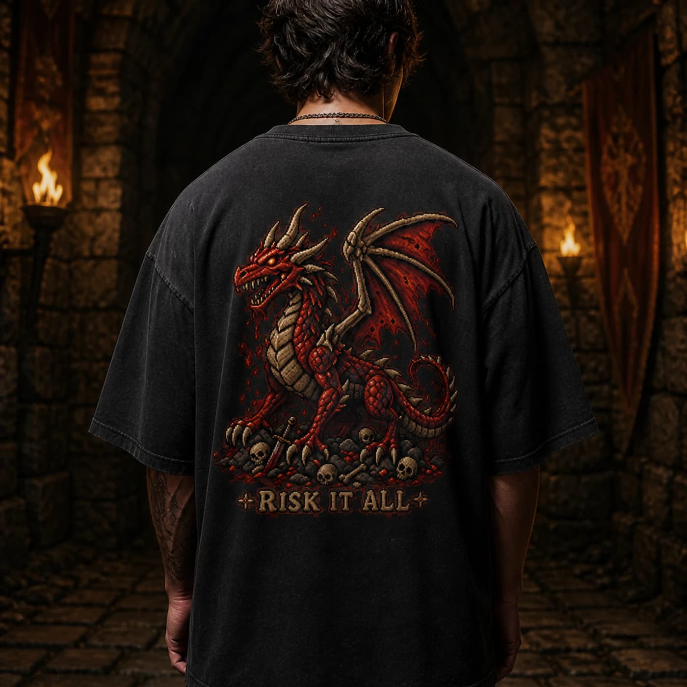 Model wearing the Risk It All RuneScape back-print tee
