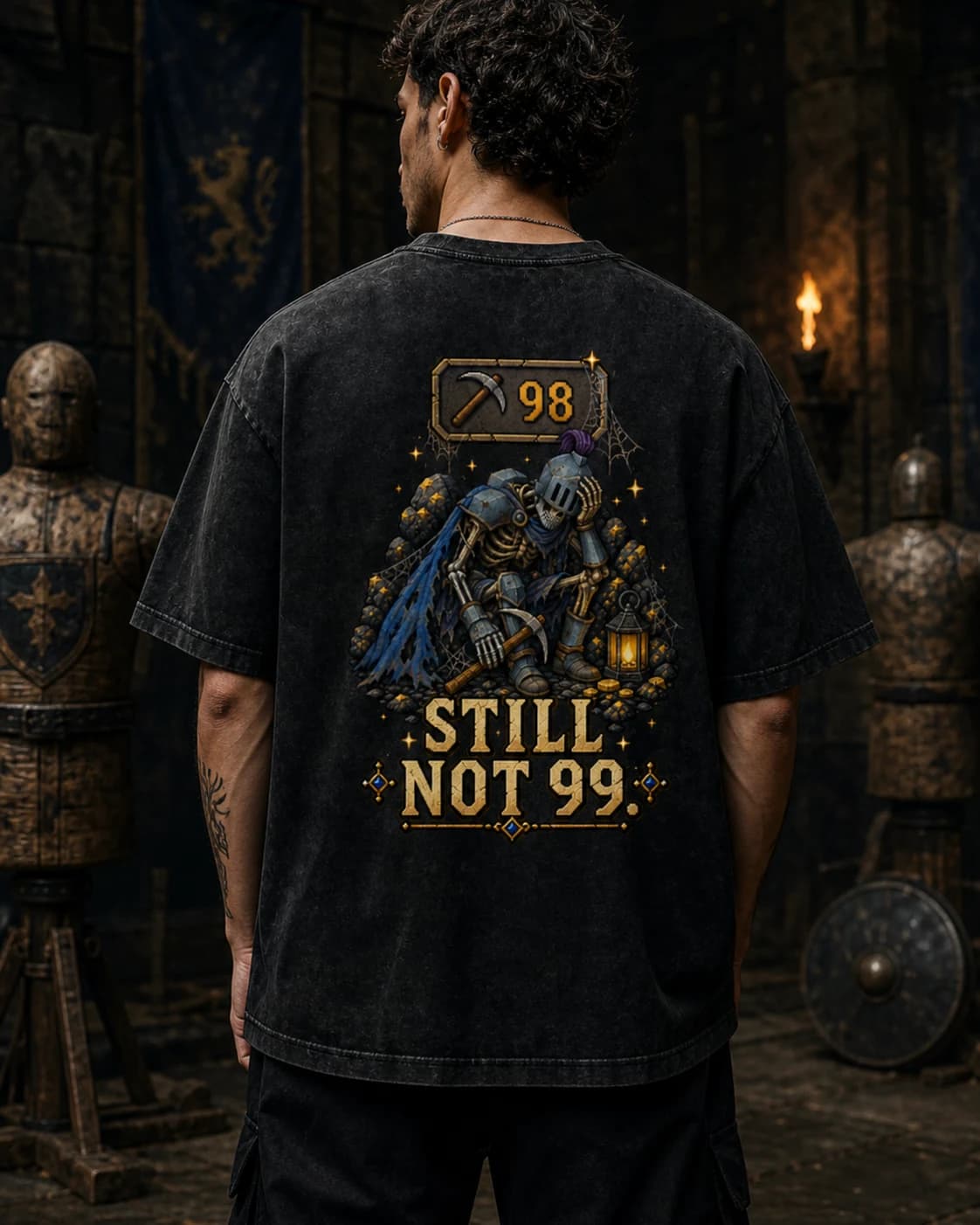 Model wearing the Still Not 99 RuneScape back-print tee