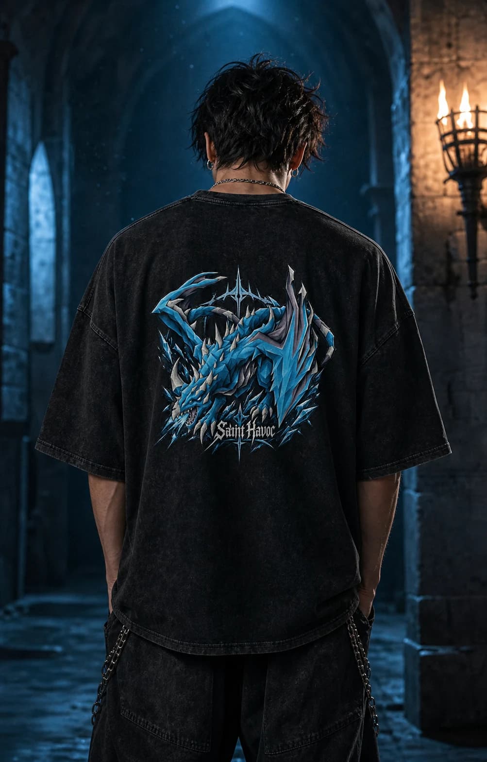 Model wearing the Vorkath RuneScape back-print tee