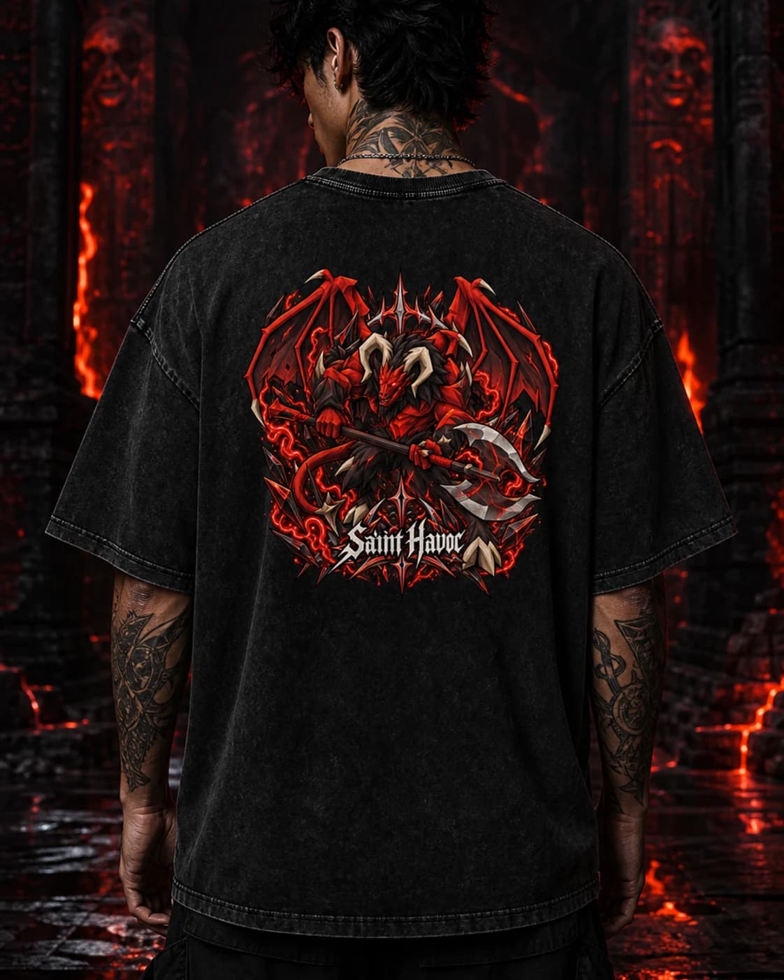 Model wearing the Yama RuneScape back-print tee